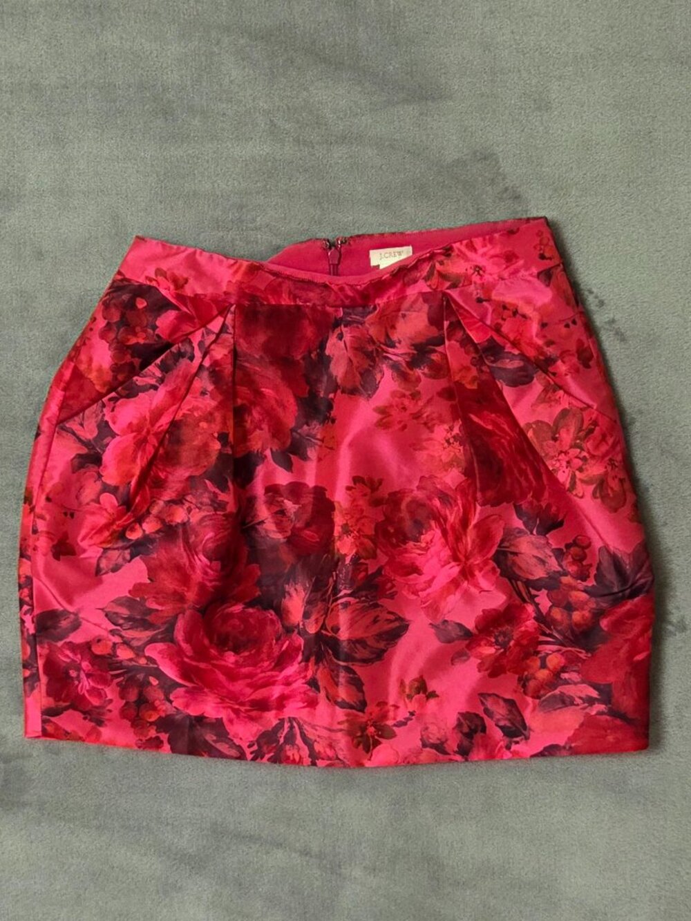 J.Crew Pink Red Floral Pleated Satin Mini Skirt Pockets Size S